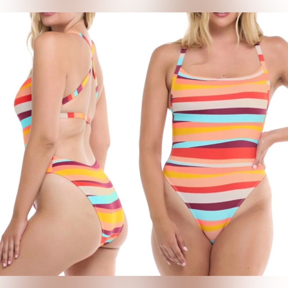 🆕 Body Glove Swimsuit Womens XL Striped One Piece Orange Blue Electra NWT NEW